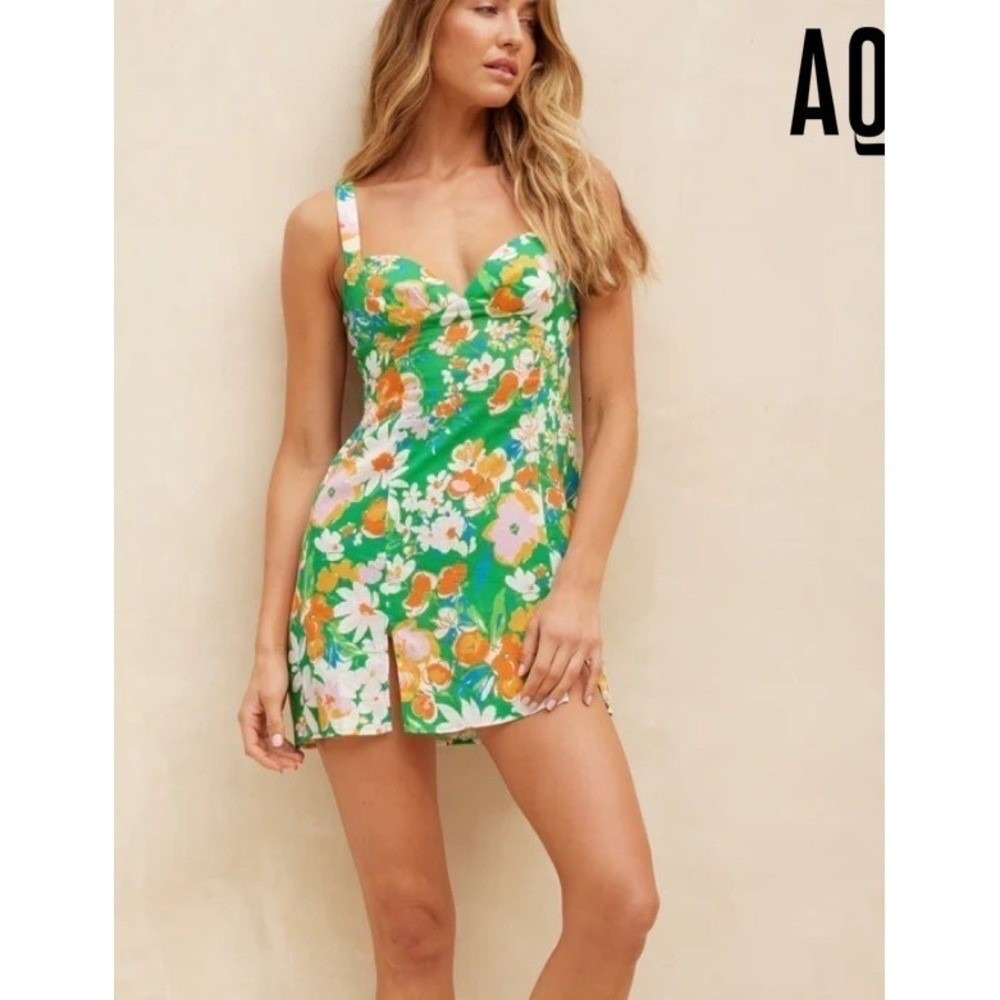 Aquari Green Floral Linen Blend Open Back Tie Mini Dress NWT Size Large